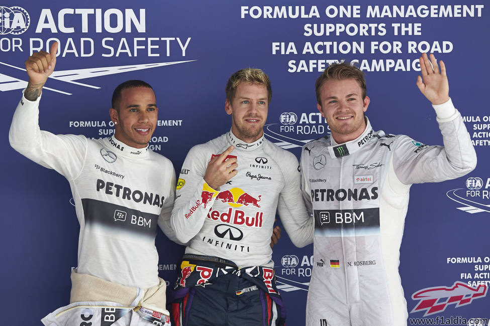 Sebastian Vettel, Lewis Hamilton y Nico Rosberg tras la clasificación