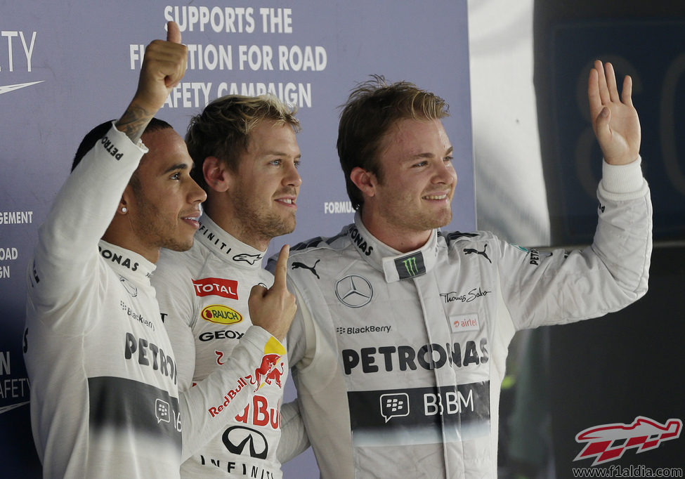 Nico Rosberg, Sebastian Vettel y Lewis Hamilton volaron en la India