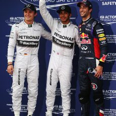 Lewis Hamilton, Nico Rosberg y Daniel Ricciardo tras la clasificación