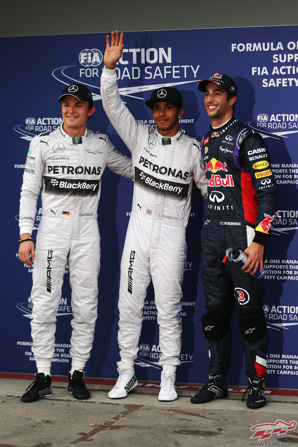 Lewis Hamilton, Nico Rosberg y Daniel Ricciardo tras la clasificación