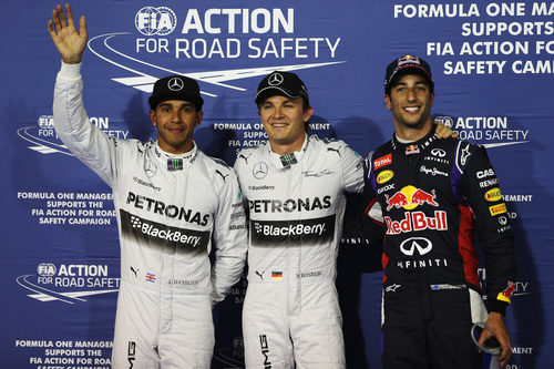 Nico Rosberg, Lewis Hamilton y Daniel Ricciardo en Baréin