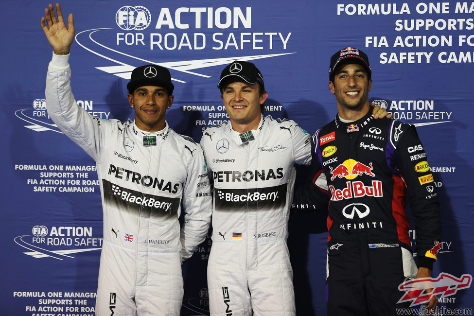 Nico Rosberg, Lewis Hamilton y Daniel Ricciardo en Baréin