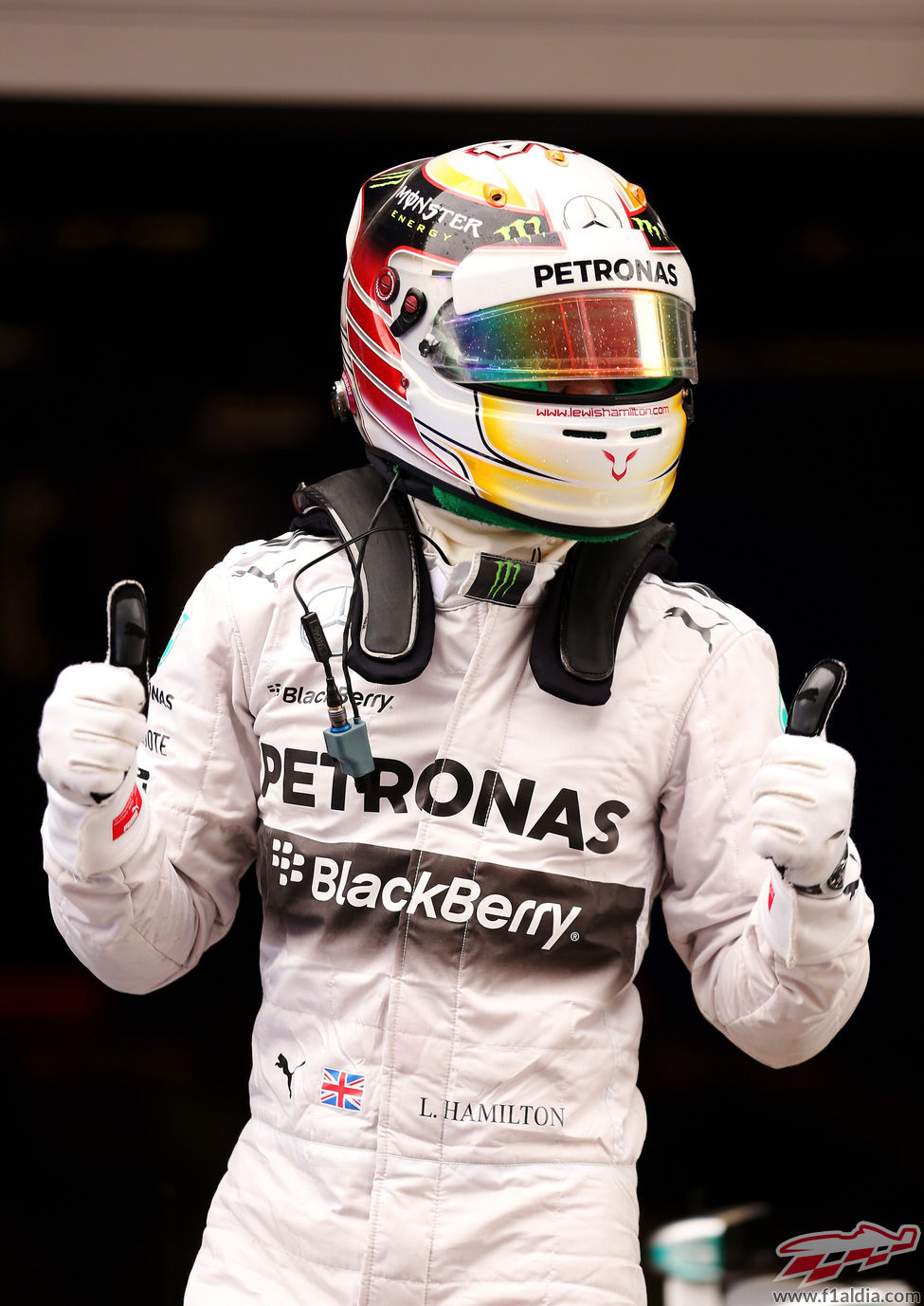 Lewis Hamilton celebra la tercera pole del año