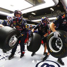 Los mecánicos de Red Bull corren para realizar una parada