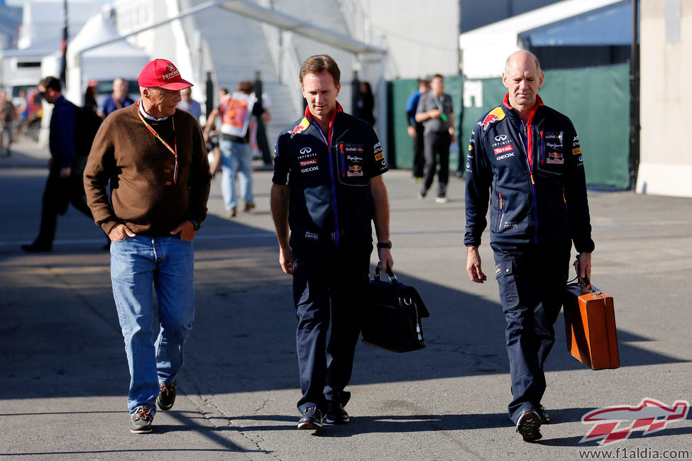 Niki Lauda, Christian Horner y Adrian Newey en Montreal