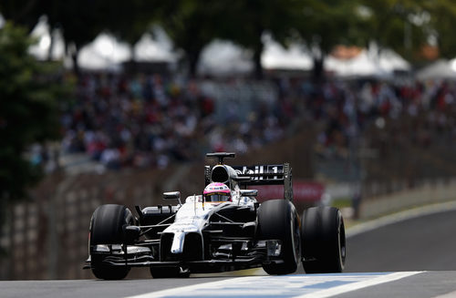 Jenson Button pilotando ante los aficionados brasileños