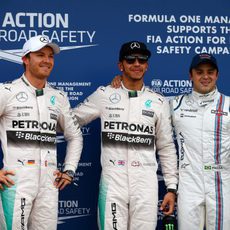 Lewis Hamilton, Nico Rosberg y Felipe Massa tras la clasificación