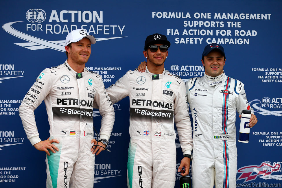 Lewis Hamilton, Nico Rosberg y Felipe Massa tras la clasificación