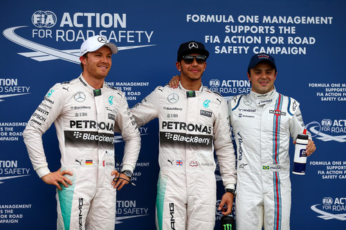 Lewis Hamilton, Nico Rosberg y Felipe Massa tras la clasificación