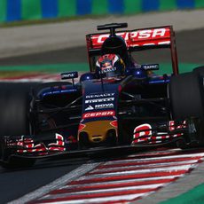 Max Verstappen subiéndose a los pianos del Hungaroring