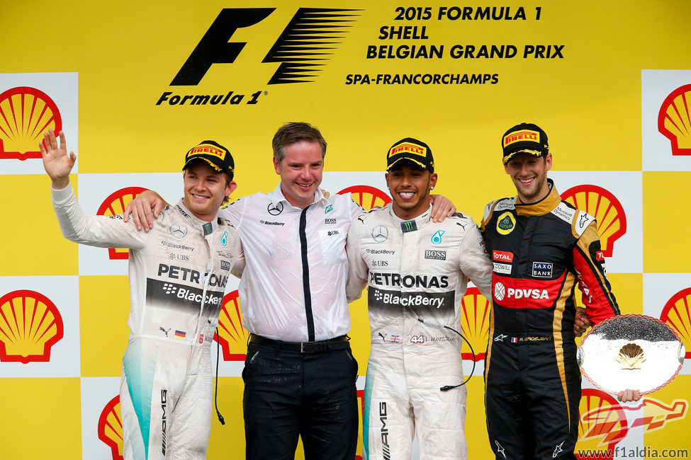 Hamilton, Rosberg y Grosjean en el podio