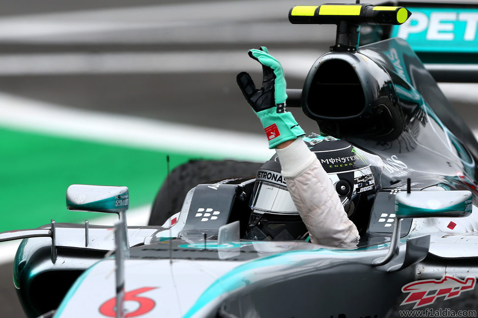 Nico Rosberg saluda desde el coche al ganar en Brasil