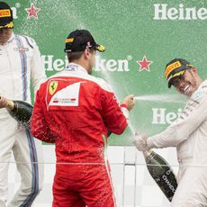 Celebración de Hamilton, Vettel y Bottas en Canadá