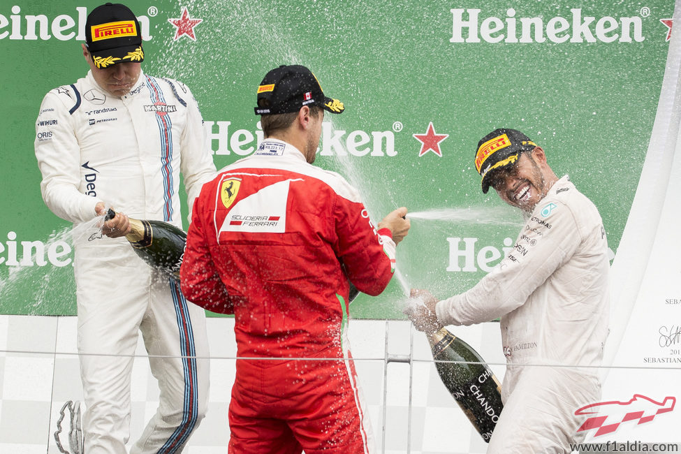Celebración de Hamilton, Vettel y Bottas en Canadá