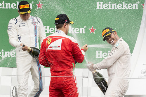 Celebración de Hamilton, Vettel y Bottas en Canadá