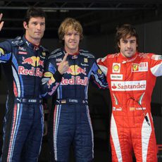 El trío de cabeza: Vettel, Webber y Alonso