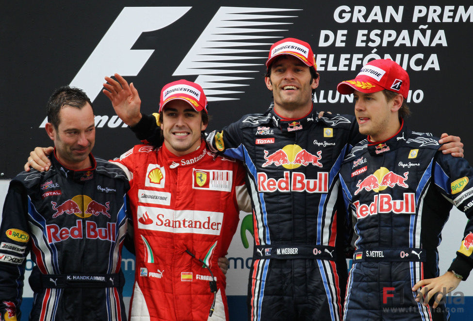 Mark Webber 1º, Fernando Alonso 2º y Sebastian Vettel 3º en el GP de España 2010