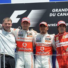 Lewis Hamilton, Jenson Button y Fernando Alonso en el podido del GP de Canadá 2010