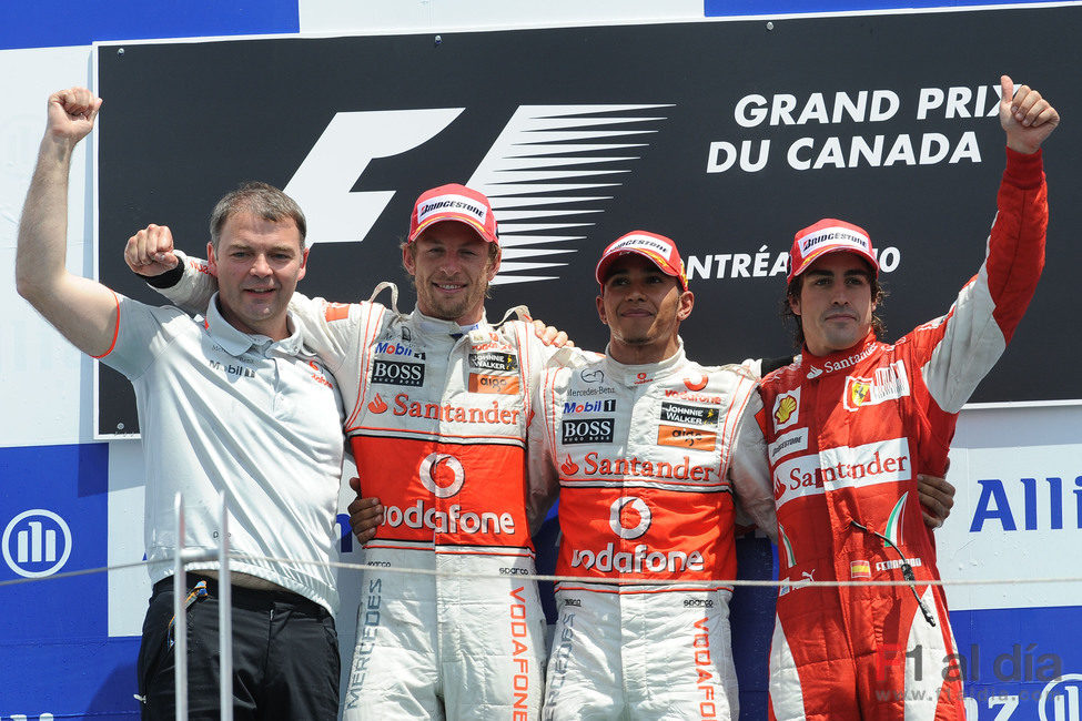 Lewis Hamilton, Jenson Button y Fernando Alonso en el podido del GP de Canadá 2010