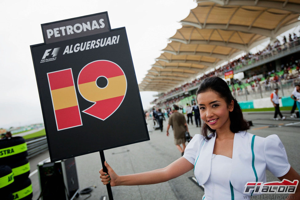 La 'pitbabe' de Jaime Alguersuari en el GP de Malasia 2011