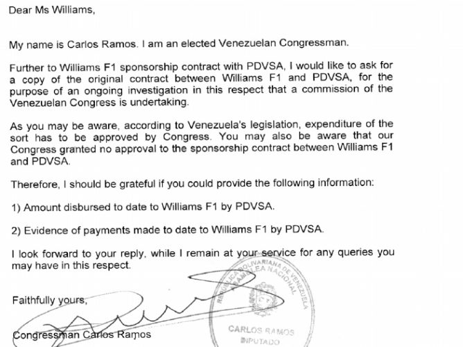 Piden que se investigue el contrato entre Williams y PDVSA