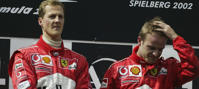 Schumacher y Barrichello en el podio del GP de Austria 2002