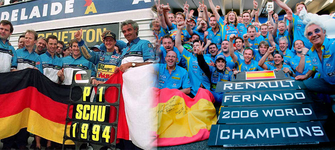 Benetton y Renault celebrando en 1994 y 2006