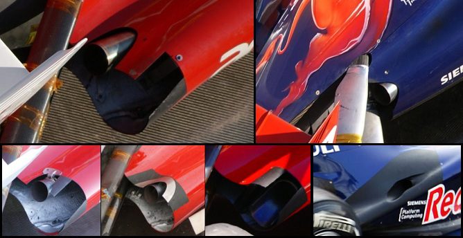  Distintas configuraciones de los escapes de Ferrari y Red Bull