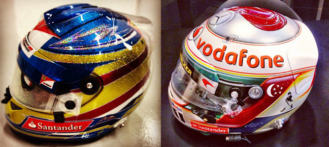 Cascos de Fernando Alonso y Lewis Hamilton para el GP de Singapur 2012