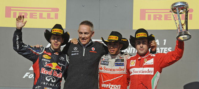 Hamilton, Vettel y Alonso en el podio de Estados Unidos 2012, en Austin