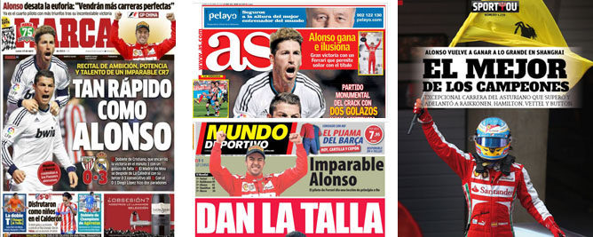 El fútbol arrincona la victoria de Fernando Alonso en la prensa deportiva
