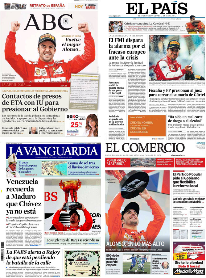 El fútbol arrincona la victoria de Fernando Alonso en la prensa deportiva