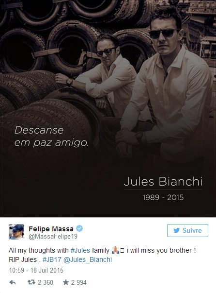 Los pilotos se despiden de Jules Bianchi en las redes sociales