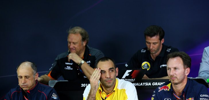 Franz Tost (Toro Rosso), Cyril Abiteboul (Renault) y Christian Horner (Red Bull)