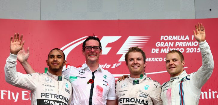 Lewis Hamilton, Valtteri Bottas y Nico Rosberg en el podio del GP México 2015