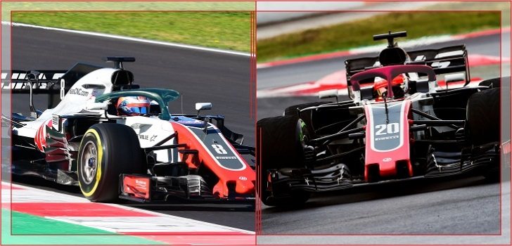 Haas: Grosjean en verde/azul oscuro, Magnussen en rojo