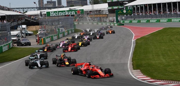 Los coches de F1, en la salida del GP de Canadá 2018