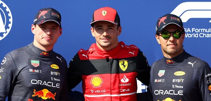 Verstappen, Leclerc y Pérez en Francia