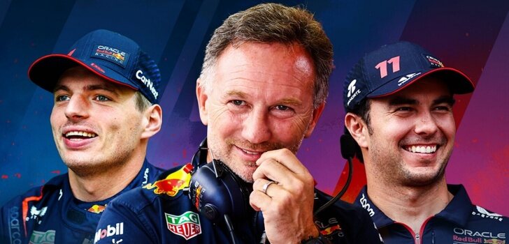 Horner, junto a Verstappen y Pérez