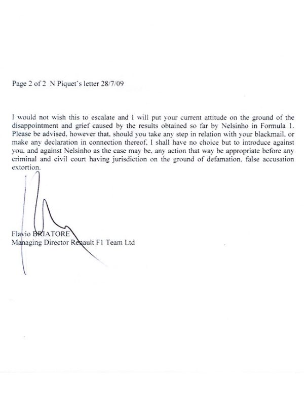 La carta que Briatore envió a Piquet